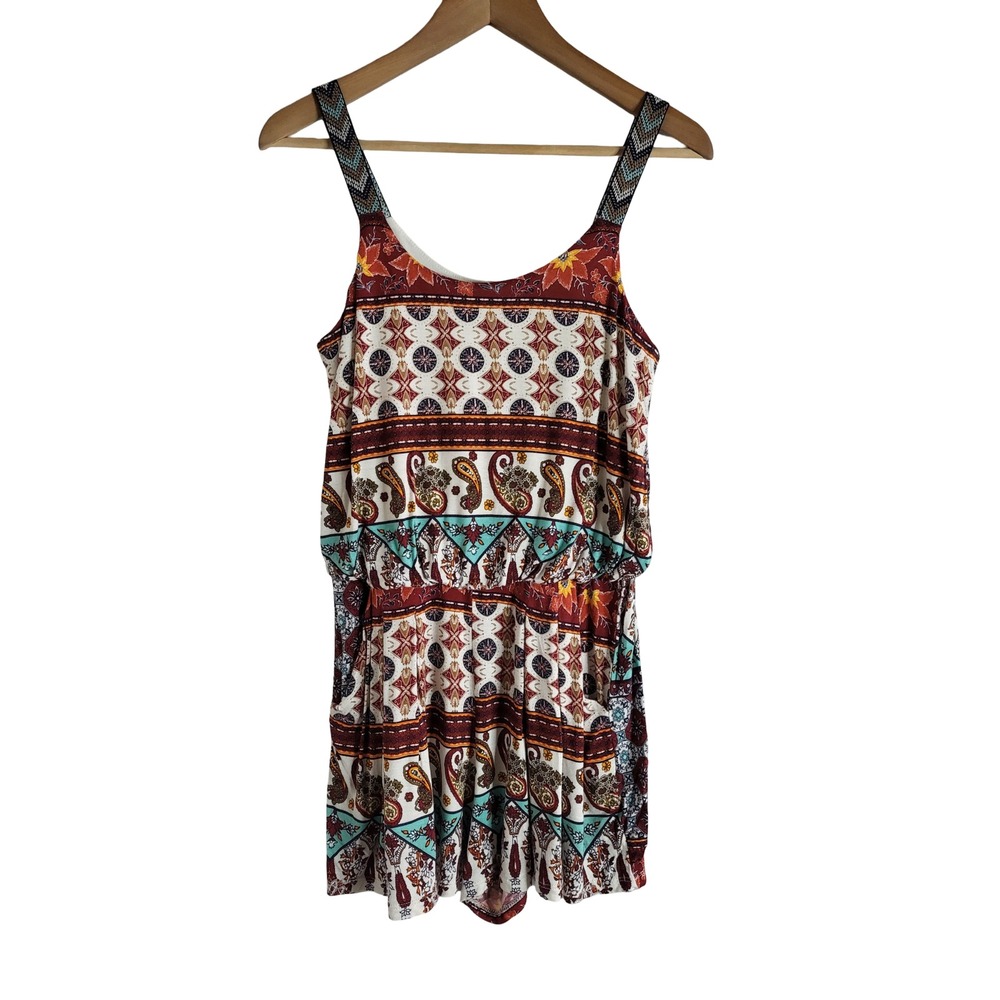 Xhilaration Earthy Boho Paisley Geometric Print Sleeveless Romper Burgundy S